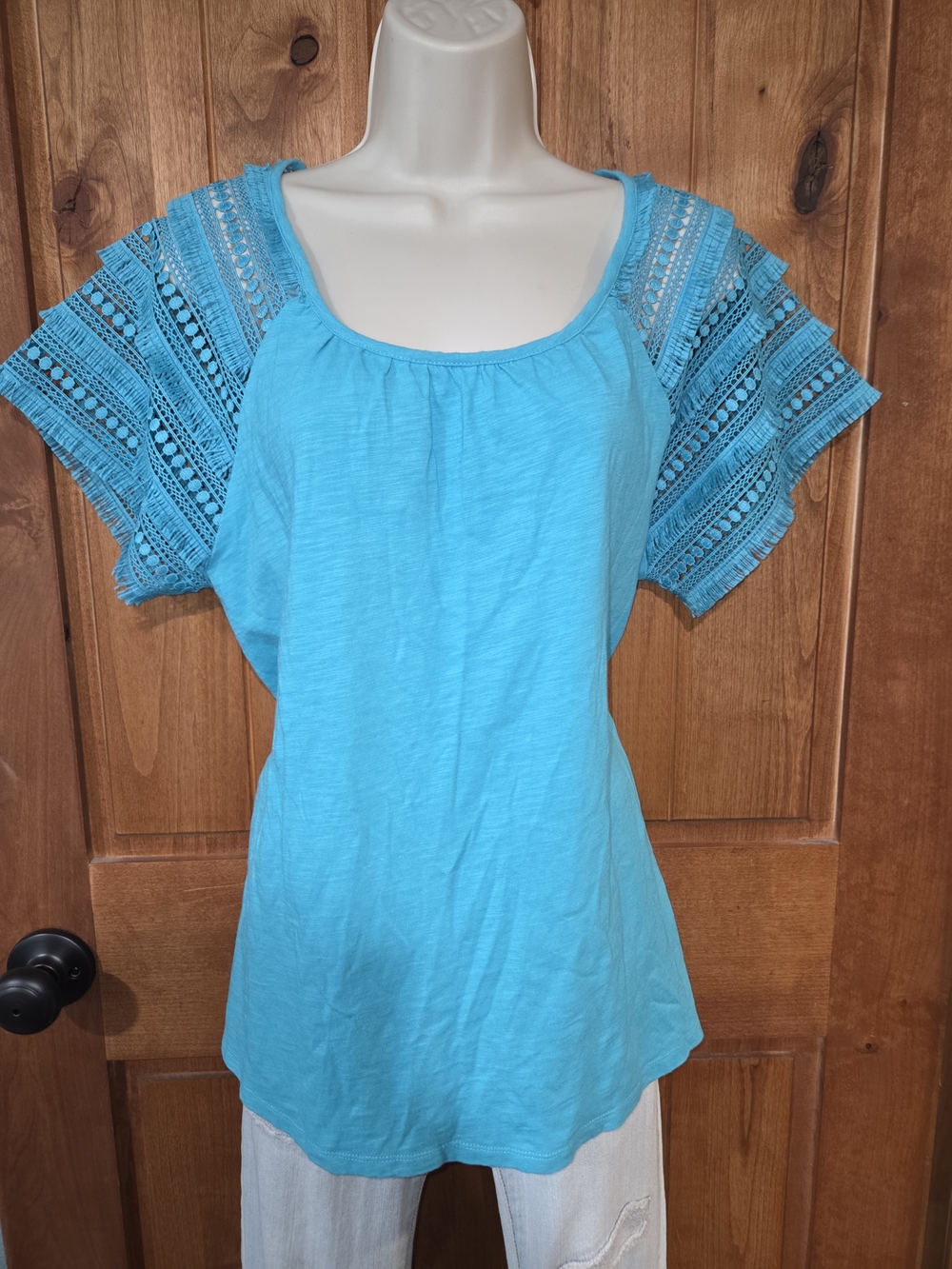 Caribbean Joe Turquoise Crochet-Sleeve Scoop Neck Top